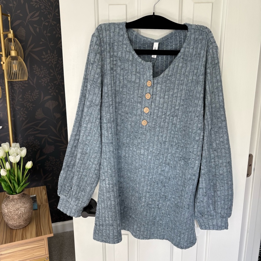 Light Blue Knit Henley Sweater with Button Detail, New with Tags, Size M, Cozy